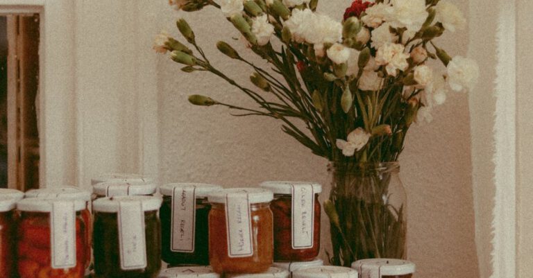 Preserves - Stack of Jars with Preserves on a Cabinet with a Vase of Flowers